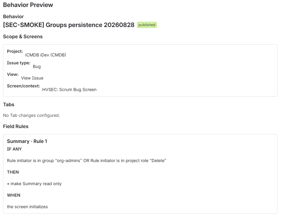The Review & Publish step shows project, issue or request context, supported views and configured field rules before the Behavior is published.