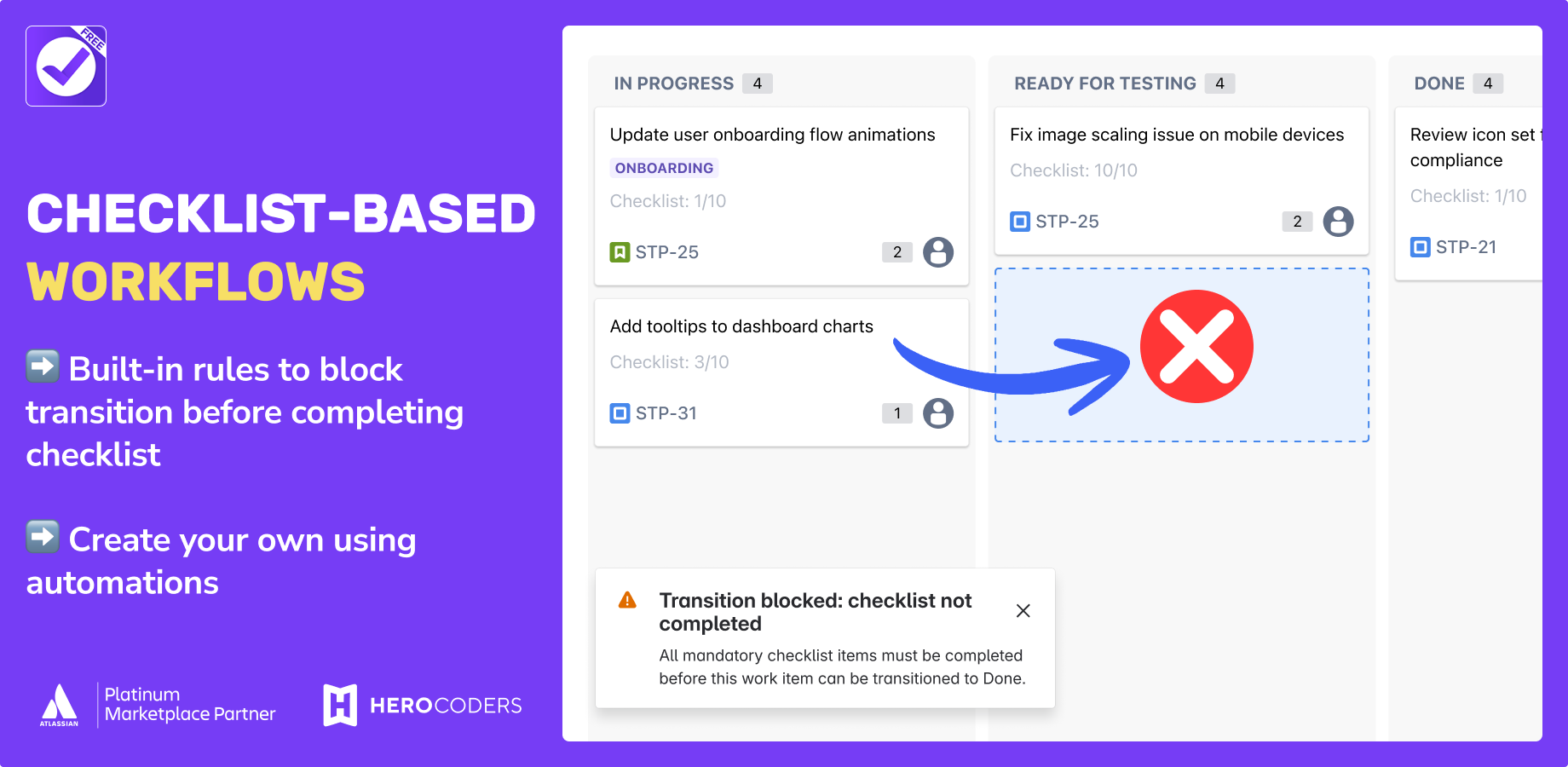 Checklist-based workflows with built-in rules preventing transitions before the checklist is completed. Unlimited customization through automation.