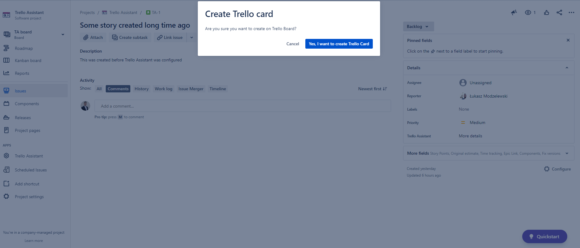 Use manual action in issue view, if you need to move old issue