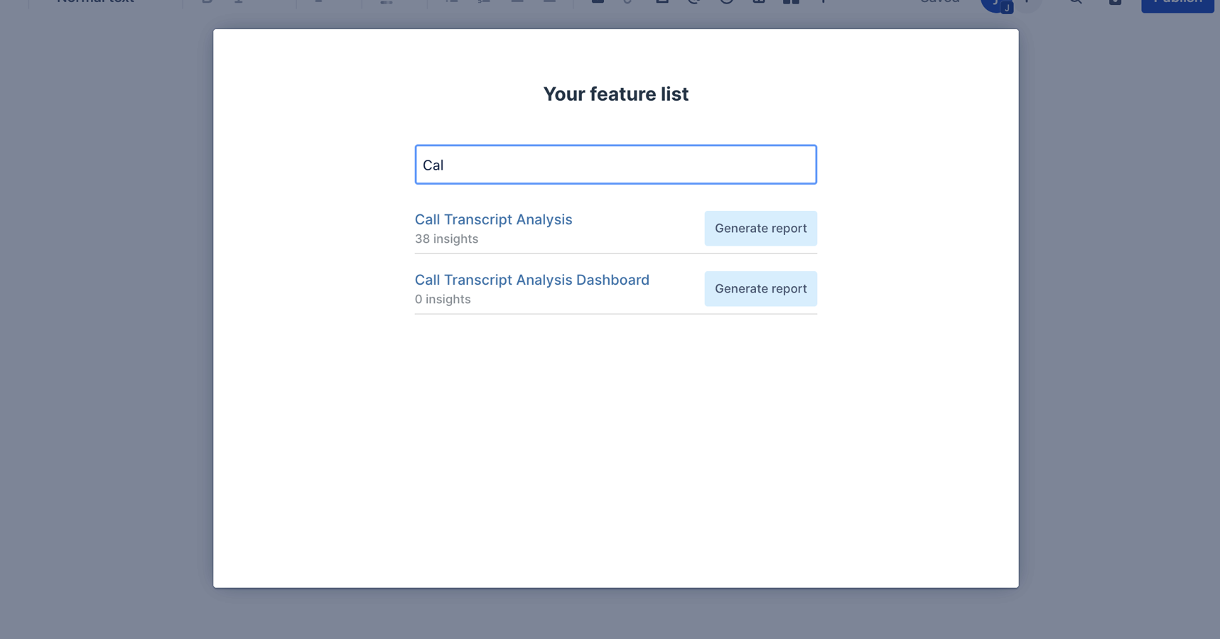 The screenshot illustrates the popup that appears after typing /produx in a Confluence doc. It shows the search bar and feature list where users can select the feature for which they want to generate a report.