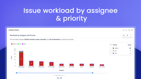 Stacked bar chart of issue counts per assignee, split by priority. Shows workload overload and ownership imbalance across 62 issues, mostly Medium priority