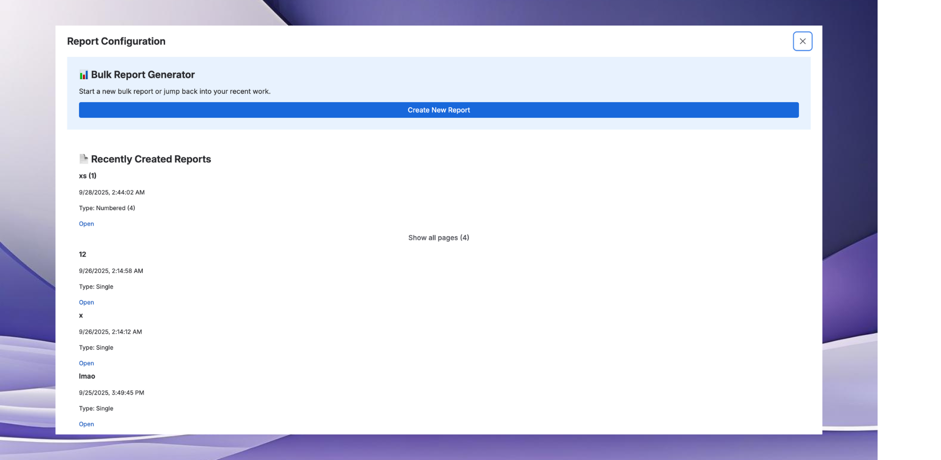 Admin dashboard with quick access to bulk report creation and gallery of previously generated reports featuring direct Confluence page links for instant navigation and management.