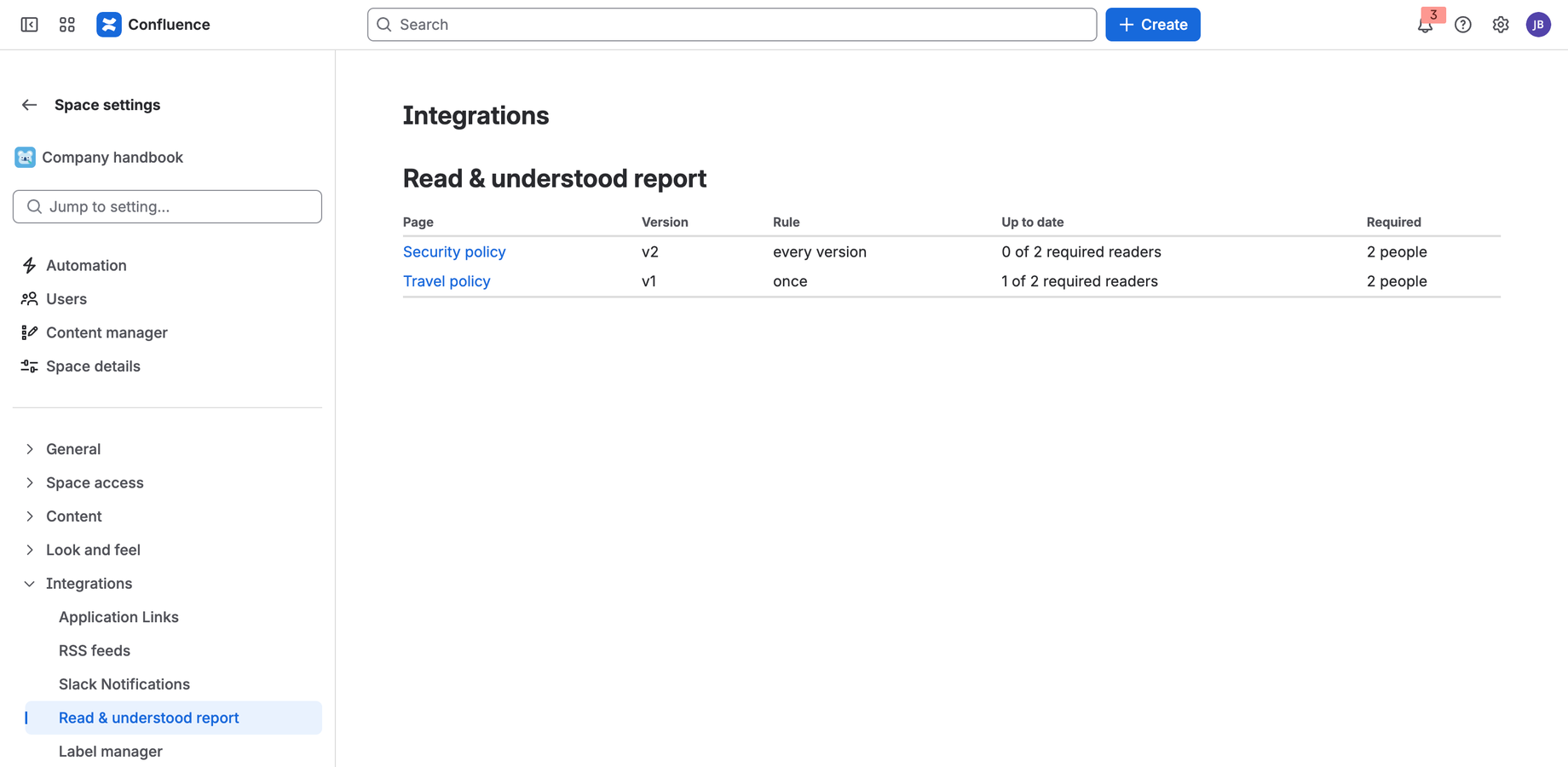 The space report: every page with its version, rule and required readers who are up to date.