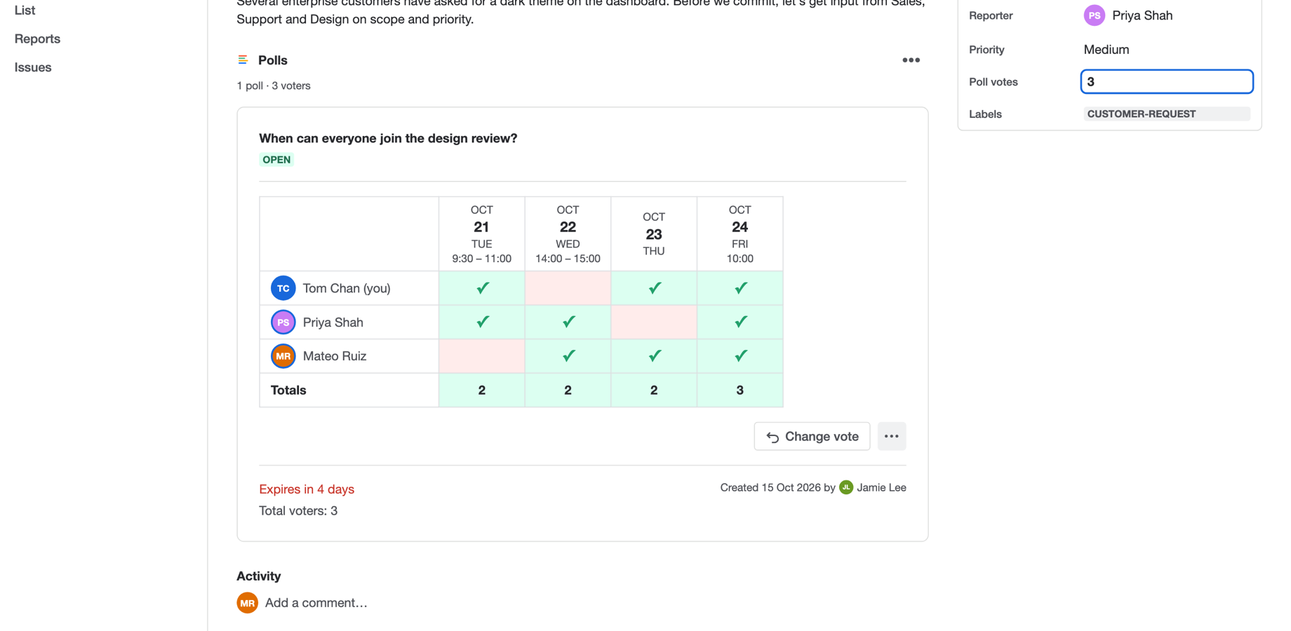 A date and time poll showing who is available on each date, with green ticks and a totals row.