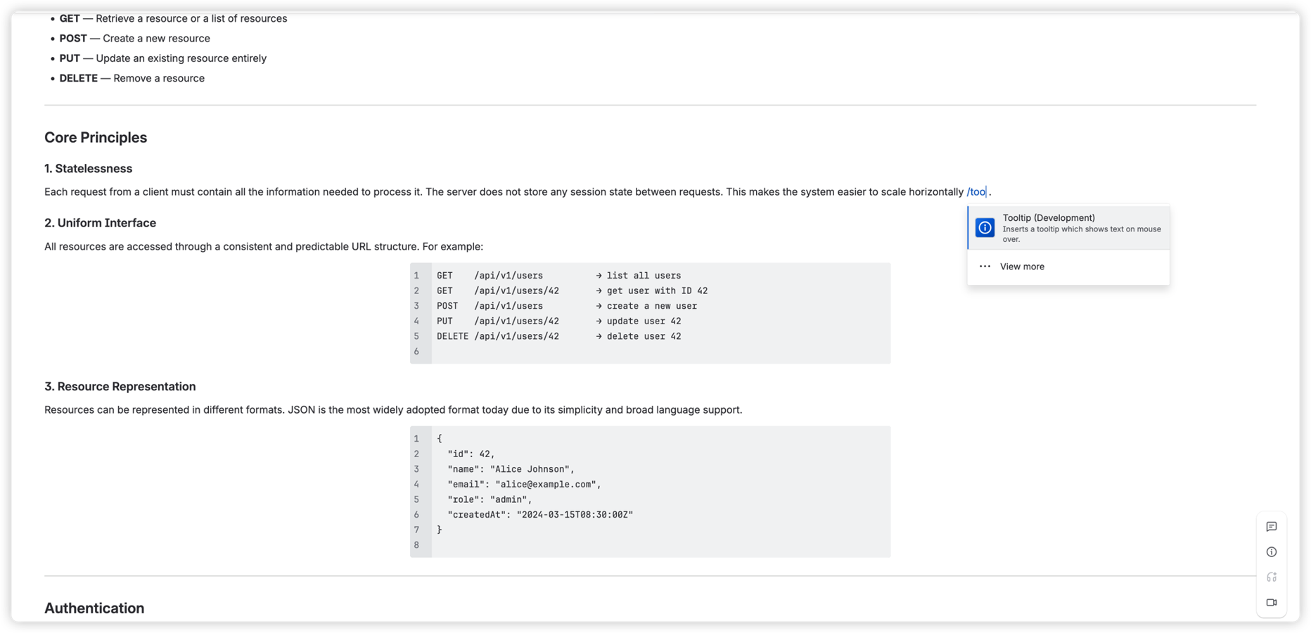 Insert the Tooltip macro from the slash menu and configure the text, icon, color, size, and position