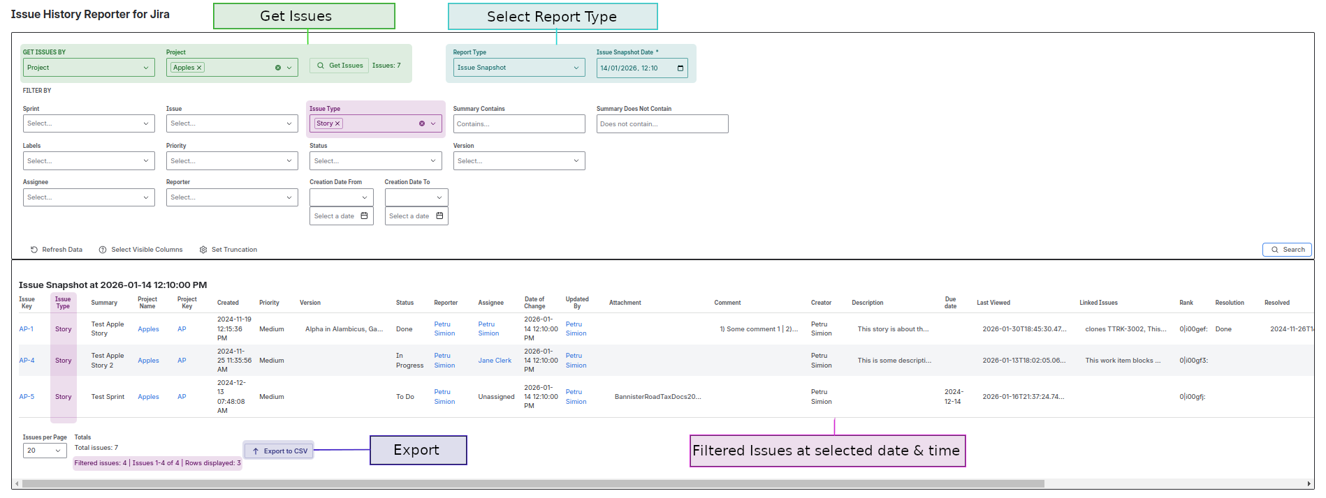 Load issues by selecting a load-by value, refine the results using filters, review the matching issues in a table, and export the filtered data to CSV for further analysis.