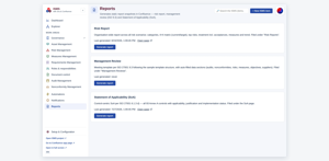 Reports: Risk Report, Management Review and Statement of Applicability, generated as Confluence pages on demand (sample data).