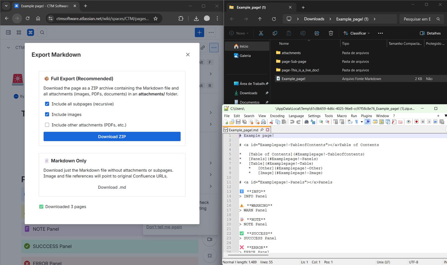 ZIP exporting options (sub-pages, images and attachments), zip contents and inline image on MD file.