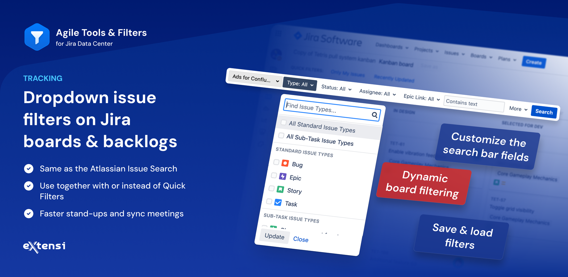 Quickly filter issues on Jira boards and backlogs by issue types, sprints, statuses, priorities, Components, Reporters, Assignees, Labels, Epics, dates, or Fix Versions