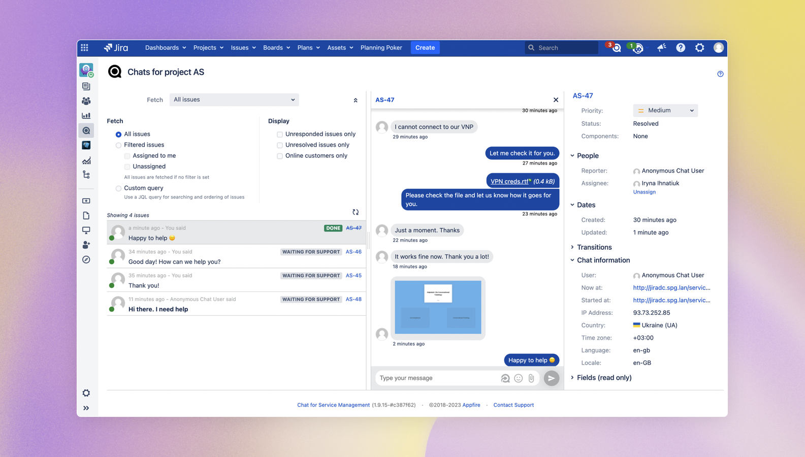 Respond to tickets across projects, comment/modify field values, and manage chat and non-chat issues in real-time in the Chat Dashboard, which brings the Jira dashboard, issue view, and JSM queues together seamlessly.