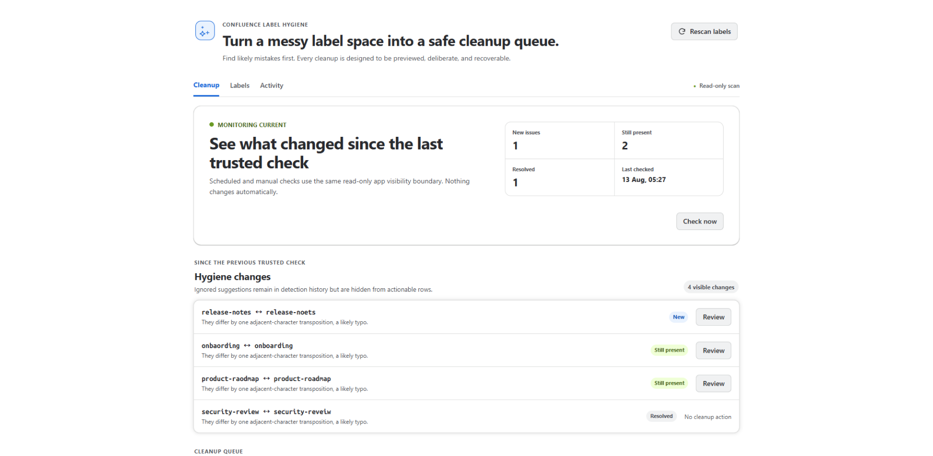 See what changed since the previous trustworthy check and focus on newly emerging label hygiene issues.