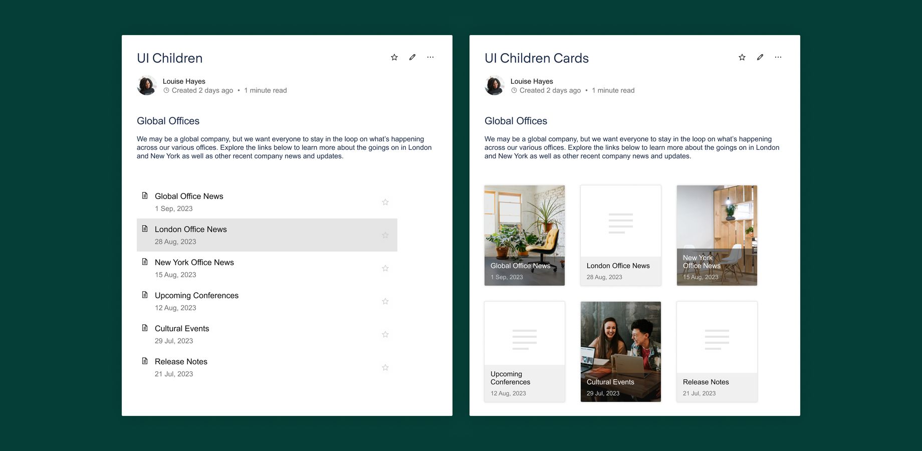 UI Children provide users a clear, easy-to-navigate view of child pages. Choose to display child pages in a list or card format.
