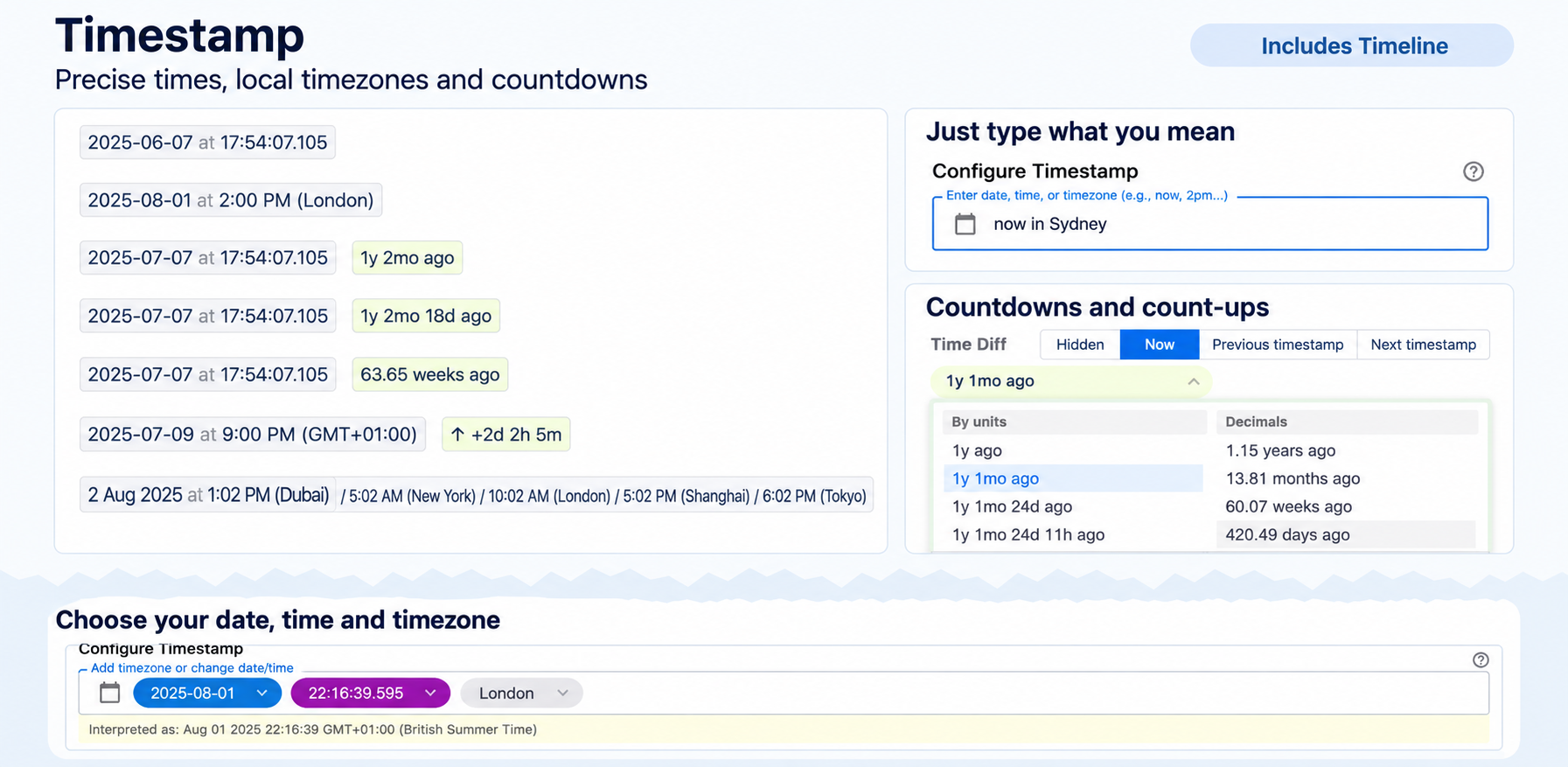 Precise timestamps, natural-language input, timezones and relative times.