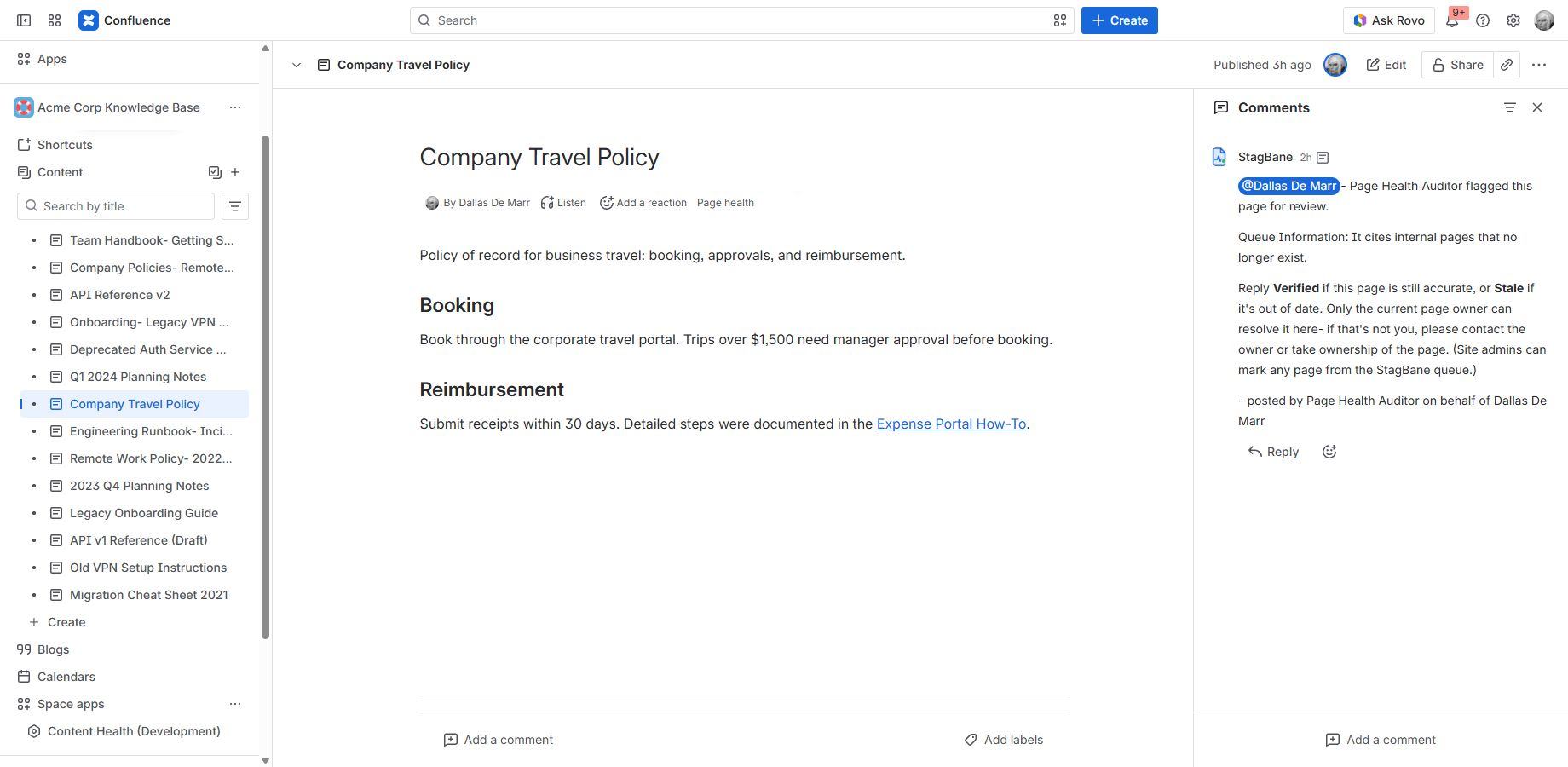 Request Owner Review posts one @mention comment to the page's owner. A daily budget prevents notification storms.
