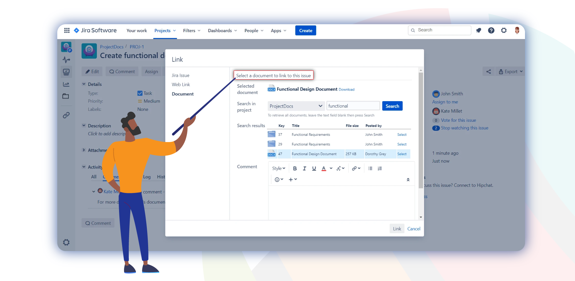 Linking documents to Jira tasks and issues.