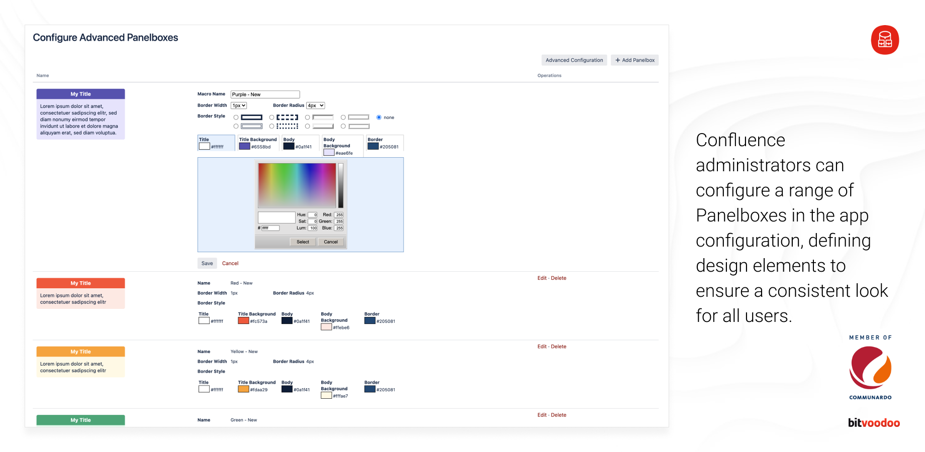 Confluence administrators can configure a range of Panelboxes in the app configuration, defining design elements to ensure a consistent look for all users.