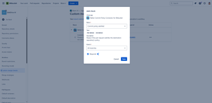 Once custom merge checks are enabled for the workspace, you can enable them for repositories and projects. Custom merge checks ensure that pull requests targeting a repository or project adhere to the commit policy.