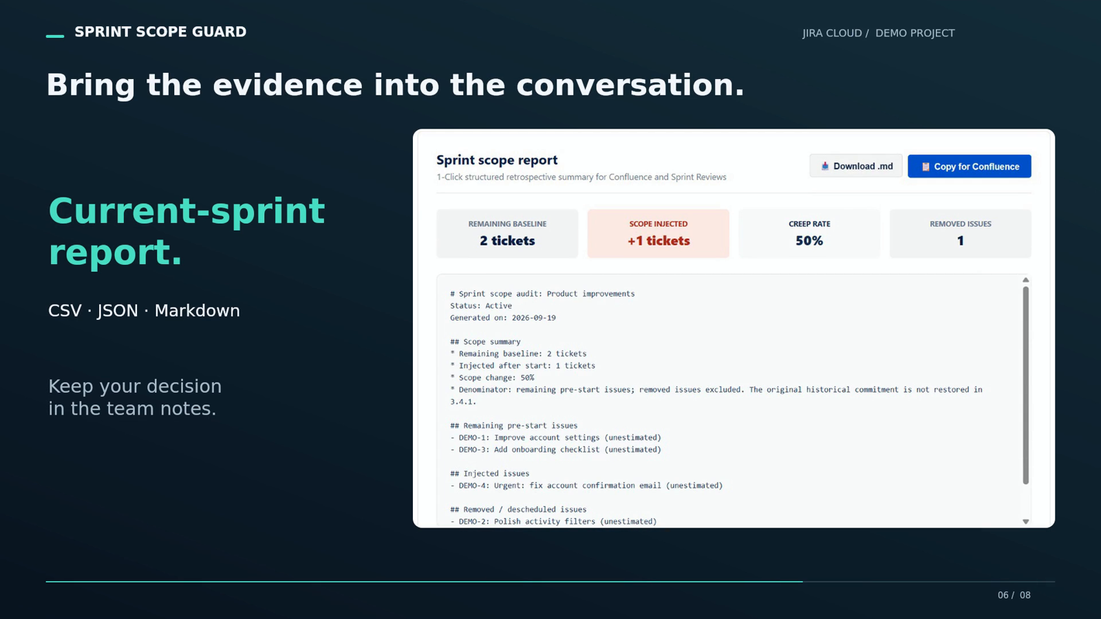 Real Jira demo project after the swap: two remaining pre-start tasks, one added task and one recorded removal. Current-sprint reporting; no closed-sprint history.