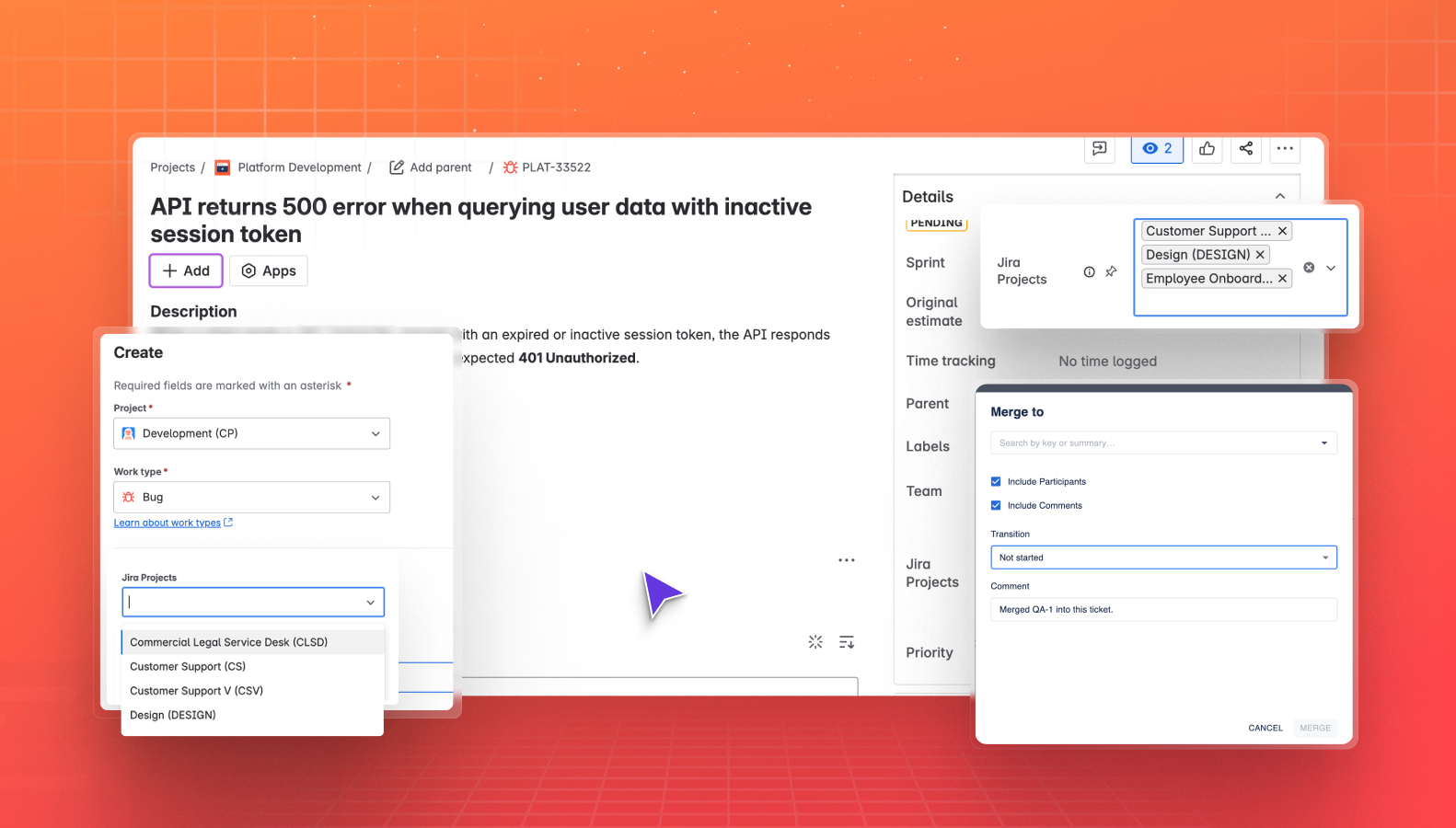 Quickly merge duplicate issues to reduce clutter and confusion. Use the new multi-project picker custom field to link multiple Jira projects from a single issue - deal for cross-team visibility.