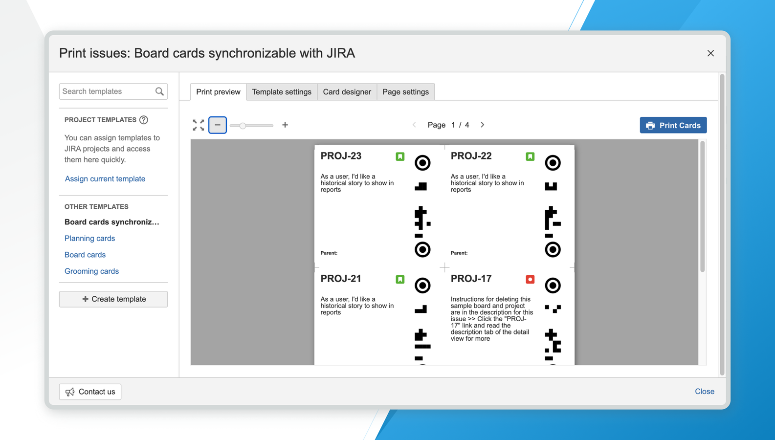 Agile Cards for Jira transforms user stories into printable cards to add a tangible element to your team's Agile practices.