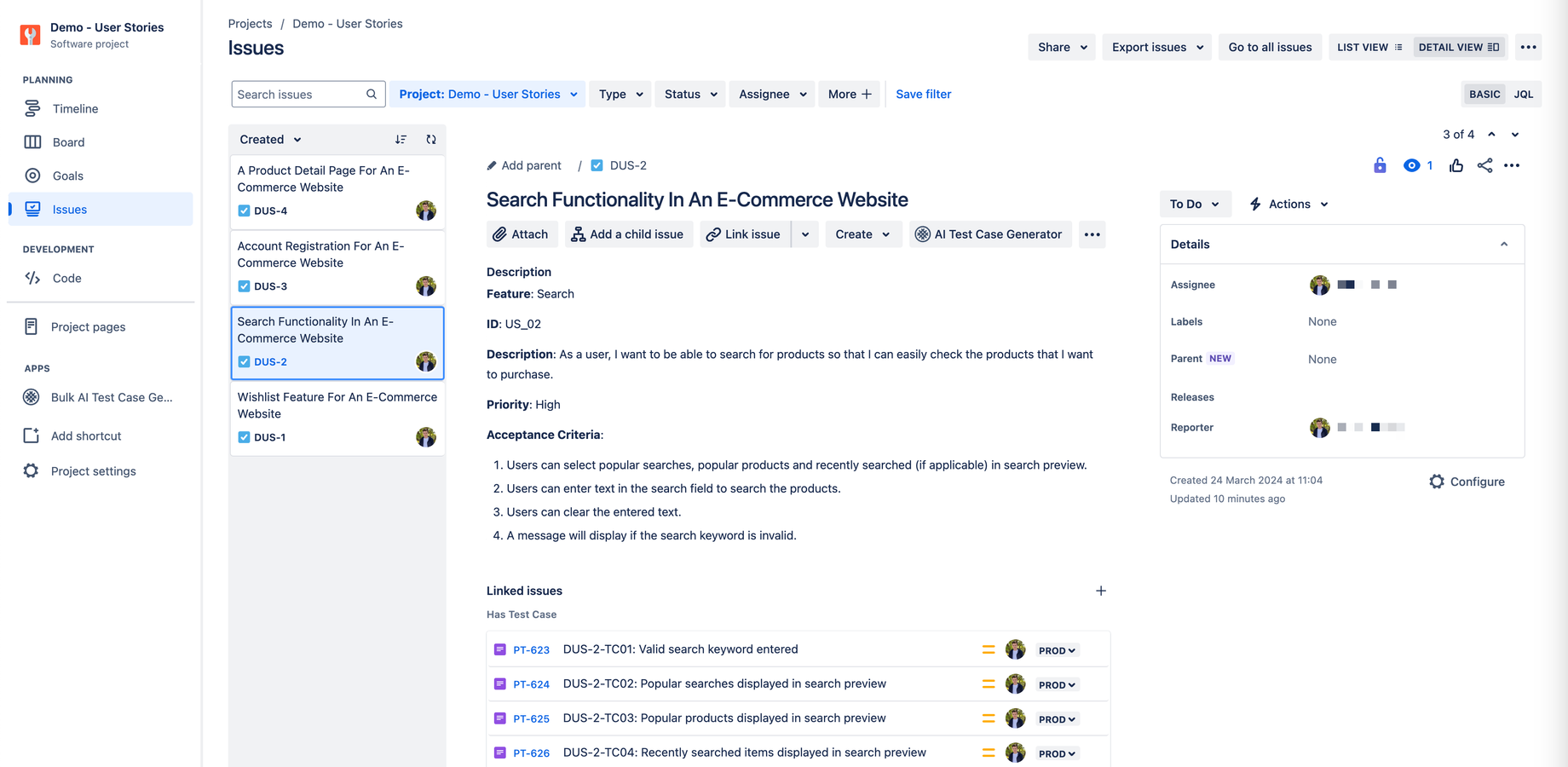 By leveraging AI and a sophisticated LLM, convert user stories in Jira tickets into detailed, actionable test cases, allowing for execution by manual testers, irrespective of the user story writing style or structure.