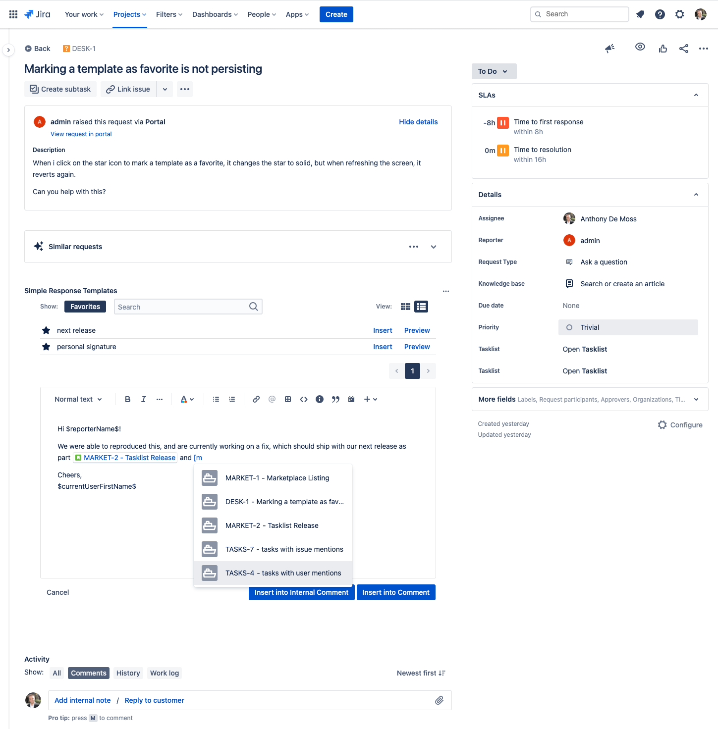 Easily insert Templates into issues