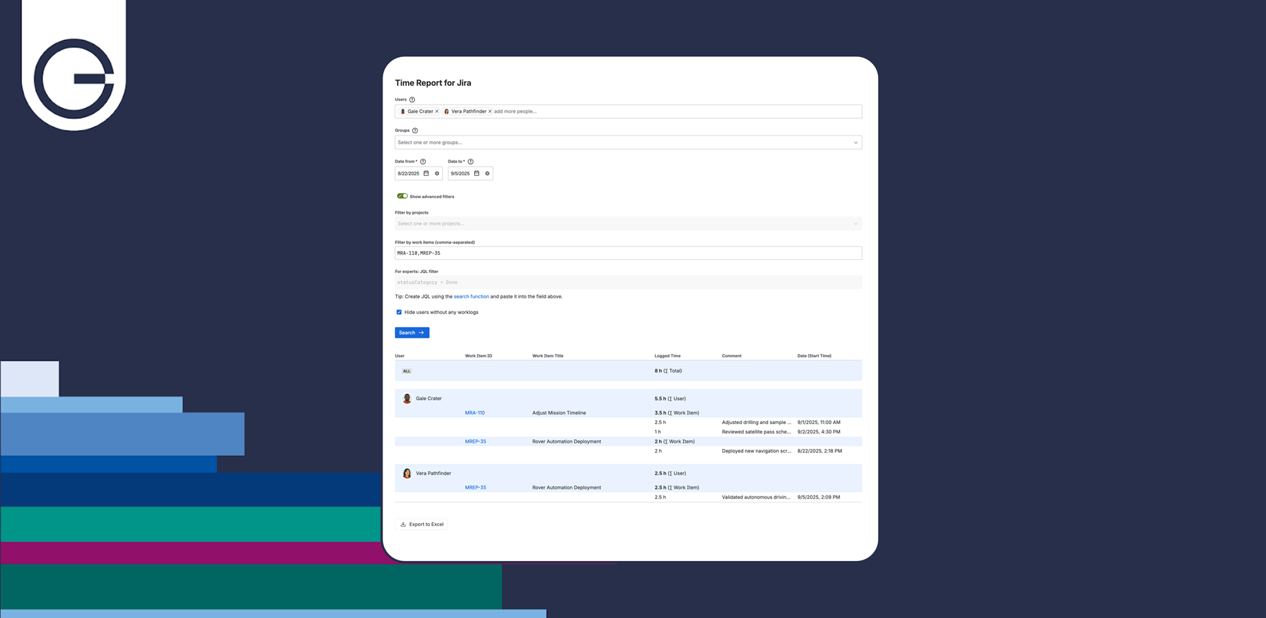 Filter by users, dates, projects, or JQL. View detailed logs, comments, and export to Excel for seamless reporting and analysis.