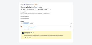 Result of a run: Added, Skipped (already participants or duplicates) and Failed counts, posted as a comment.