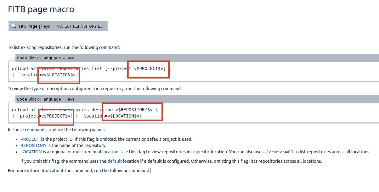 Edit view of confluence page showing code macro with text related to macro.