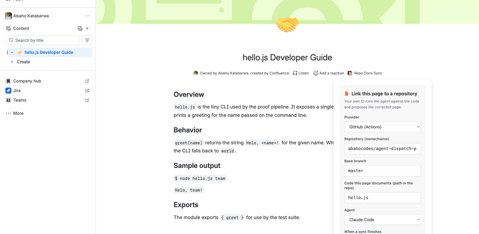 The byline dialog on a Confluence page: GitHub provider, repository, base branch, documented path, and Claude Code selected.