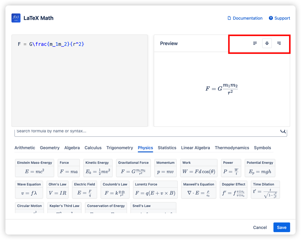 The preview panel with alignment controls (left, center, right) highlighted. A gravitational force formula is rendered as SVG, with the Physics formula library shown below.