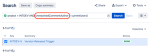 Search any unresolved assigned comments created by dedicated author using JQL function "unresolvedCommentAuthor" with given user or group.