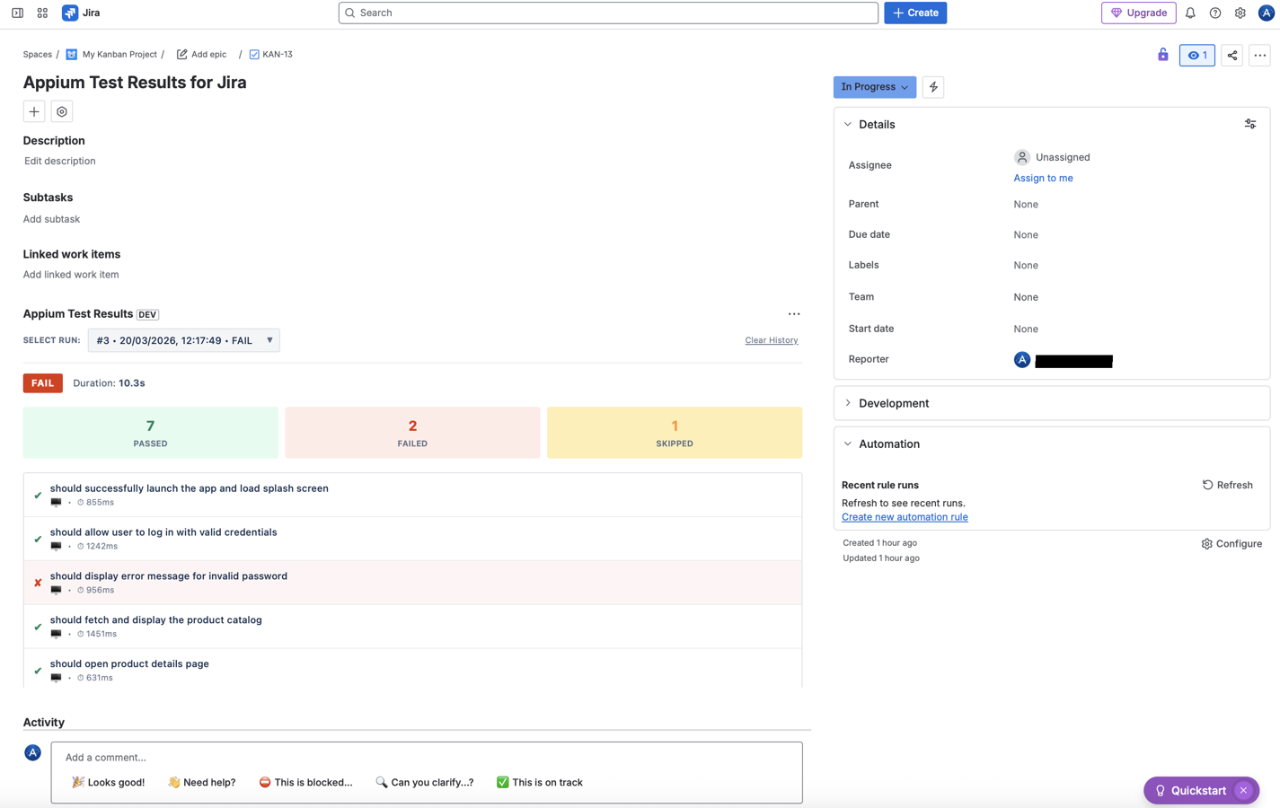 Beautifully formatted Appium and WebdriverIO test metrics displayed natively in the Jira issue panel.