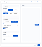 Advanced options: typography (font weight, letter spacing), Confluence page links with space filtering, and layout controls (alignment, full-width). The preview panel shows the configured button.