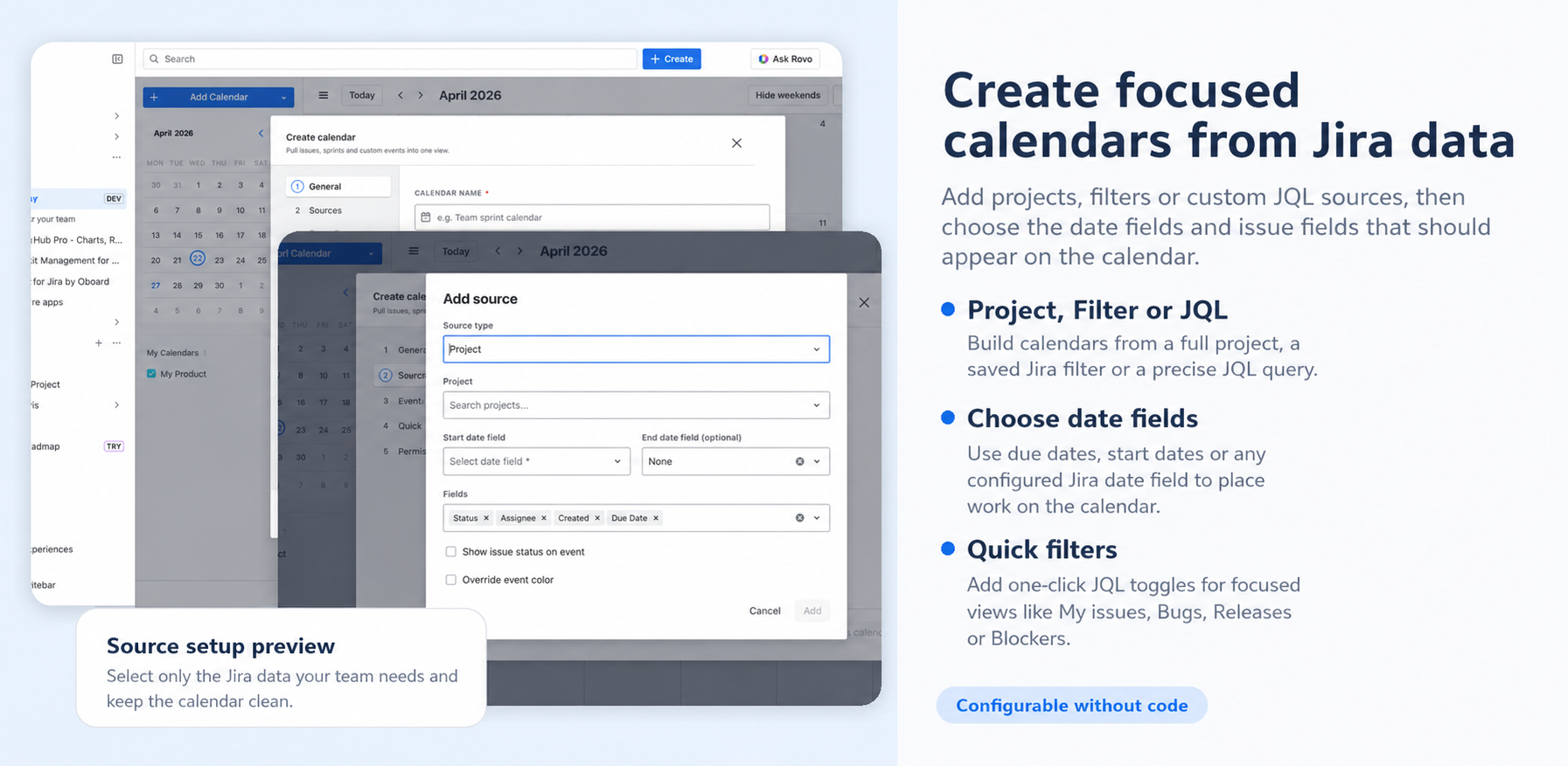 Combine Jira issues, sprints and custom events with clear event types and sharing permissions