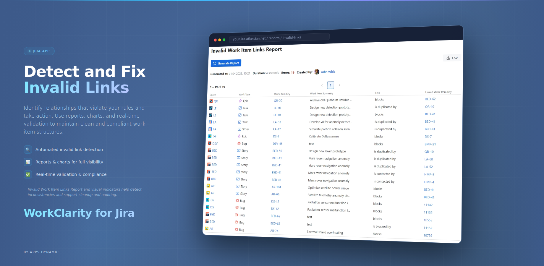 Invalid Work Item Links Report and visual indicators help detect inconsistencies and support cleanup and auditing.