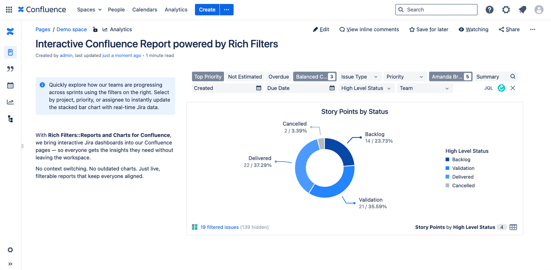 Confluence page with a Rich Filters Chart macro embedded