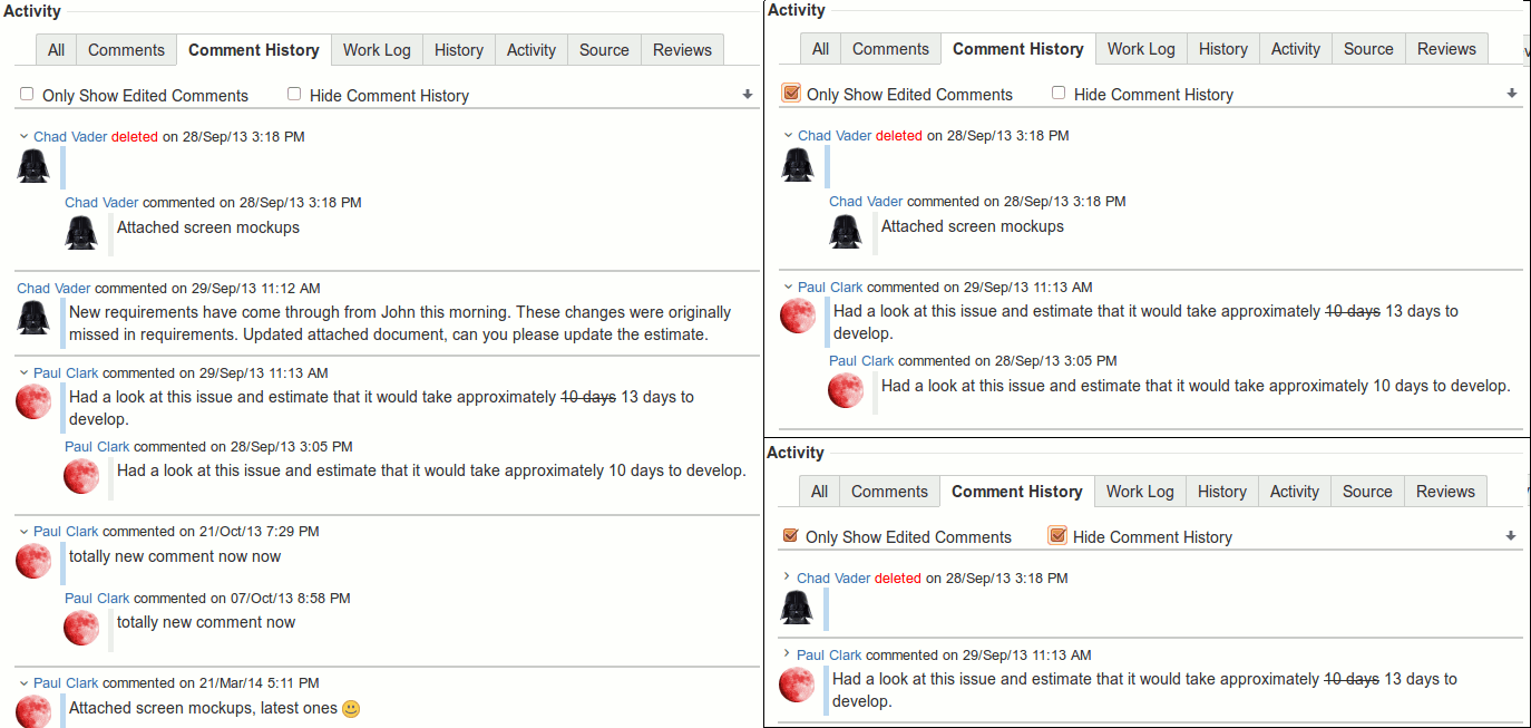 This picture shows three different views of the Comments History tab.  Each view is of the same data but with Comment groups collapsed/expanded and/or only Comments with history shown.