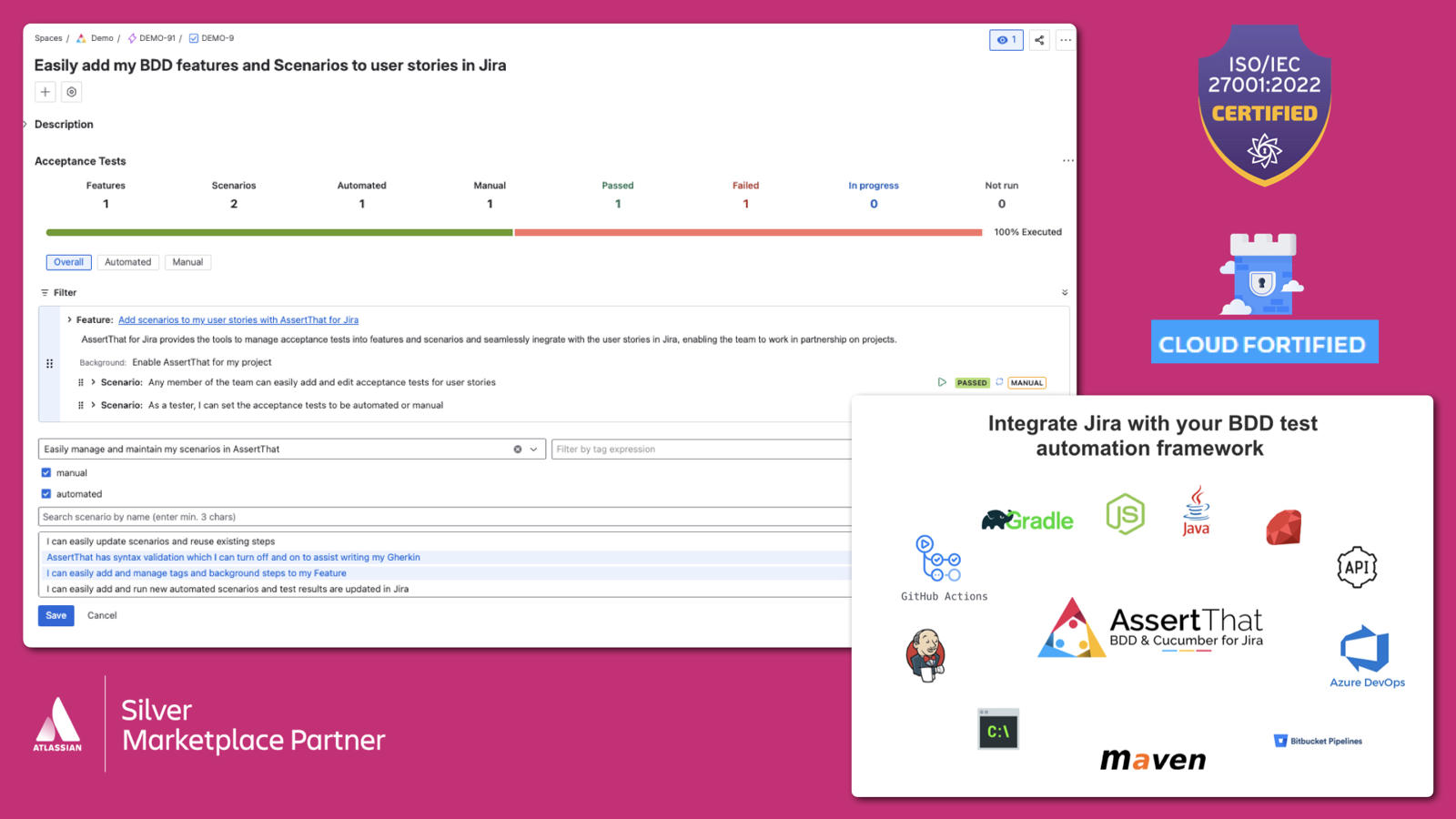 Manage your full BDD workflow in Jira — from scenario creation and organisation through to manual execution and automation integration.