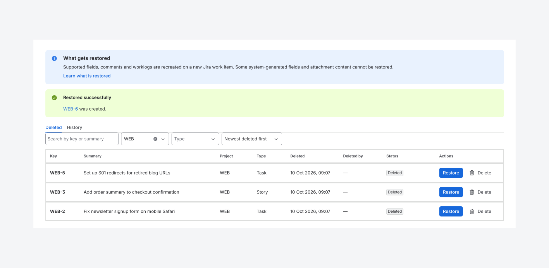 A one-click restore recreates the deleted work item as a new Jira work item with a new key and confirms the result.