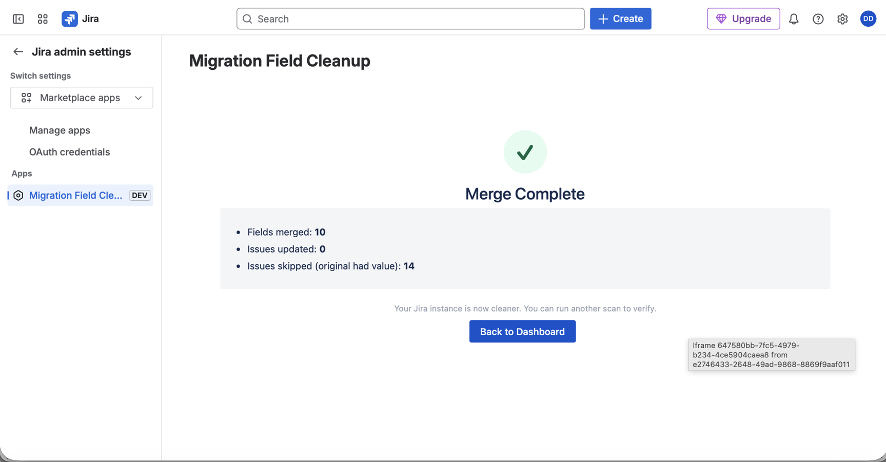 After merging, you see a summary of all processed fields. You can re-scan to confirm the cleanup is complete.