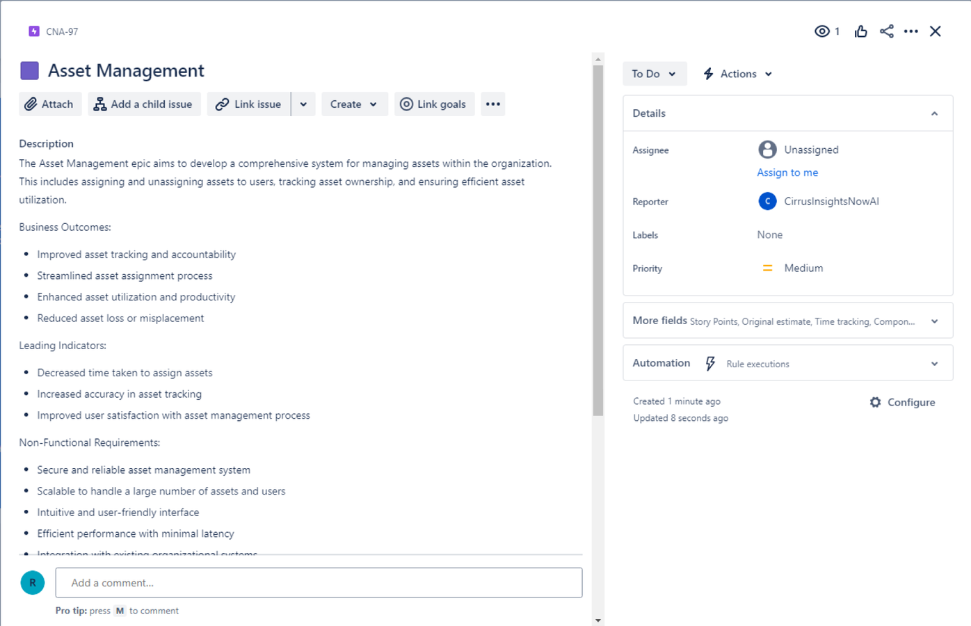 See the AI generated Epic added as Jira ticket inside your software project