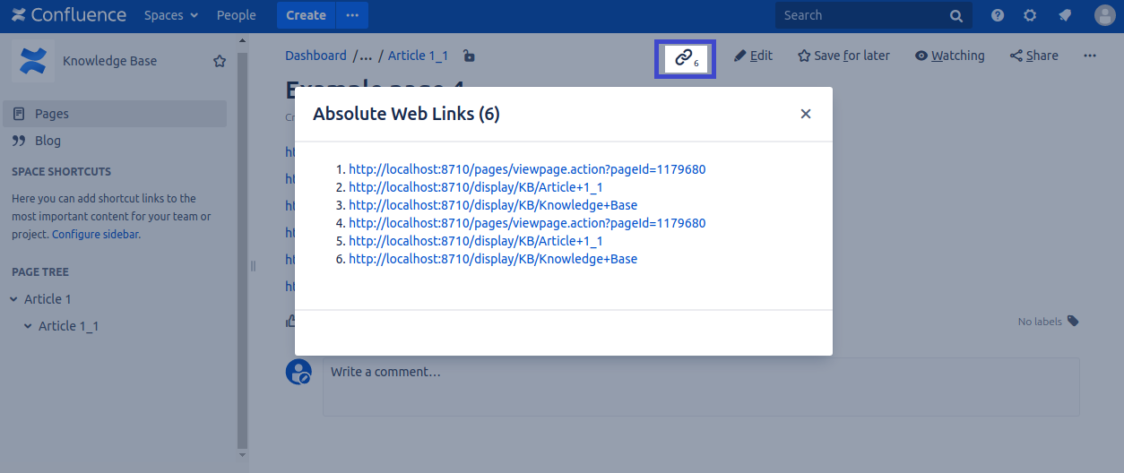 Links panel/dialog to see page Web links