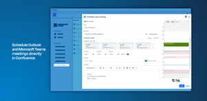 Schedule Outlook and Microsoft Teams meetings directly in Confluence. View availabilities, choose from suggested time slots for multiple users and time zones, and add a Microsoft Teams meeting link.