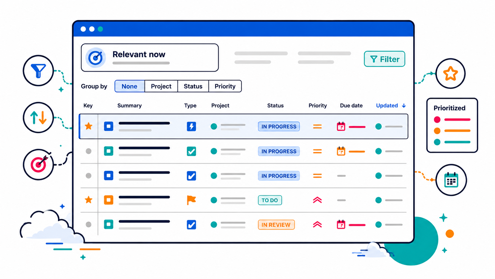 Color-coded status tabs and a filter icon let you instantly switch between issue groups, highlighting exactly the category that needs your attention right now.