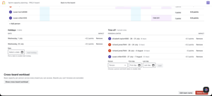 Team holidays and individual time off adjust capacity automatically, plus cross-board workload per person