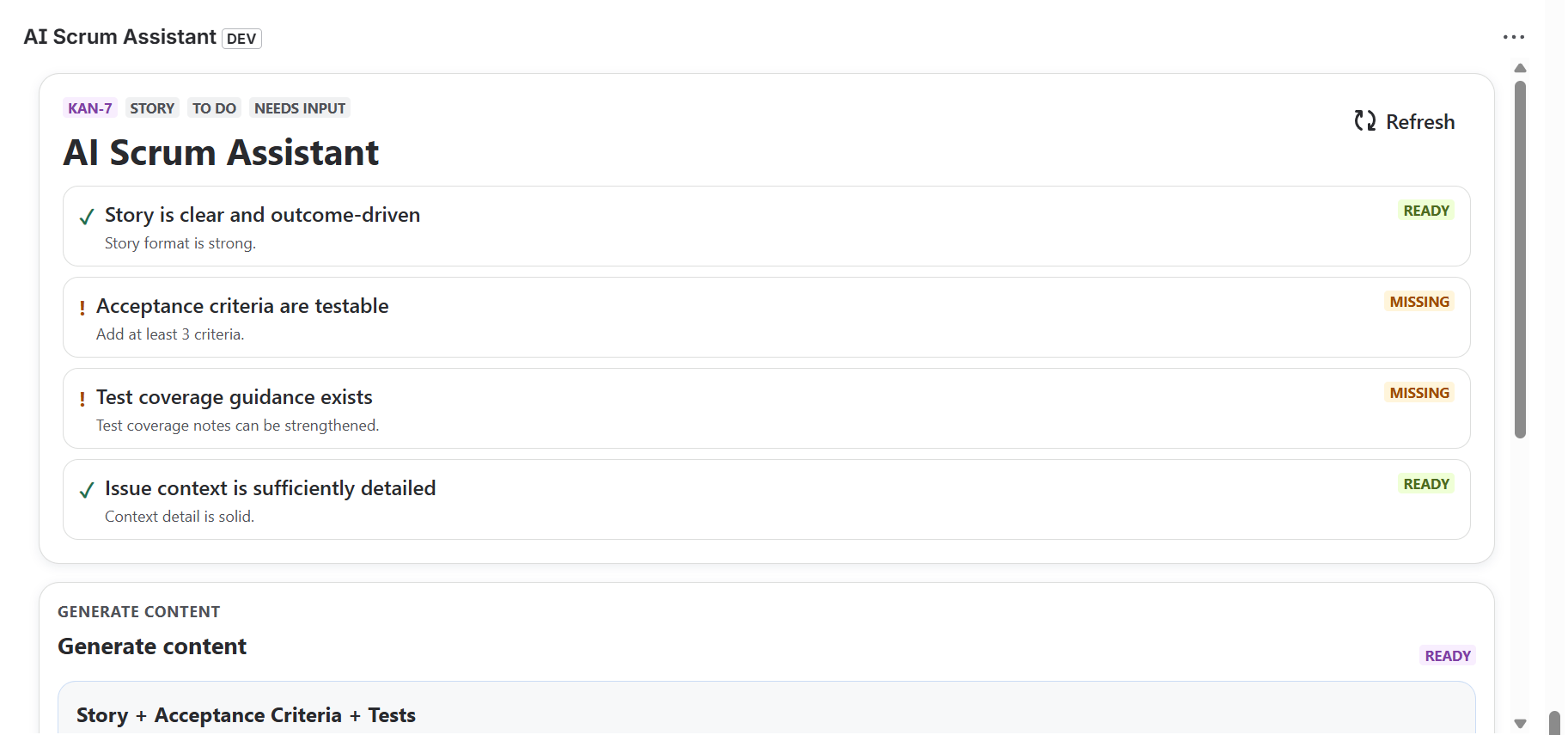 Readiness view showing what is ready, what is missing, and where the team should focus next
