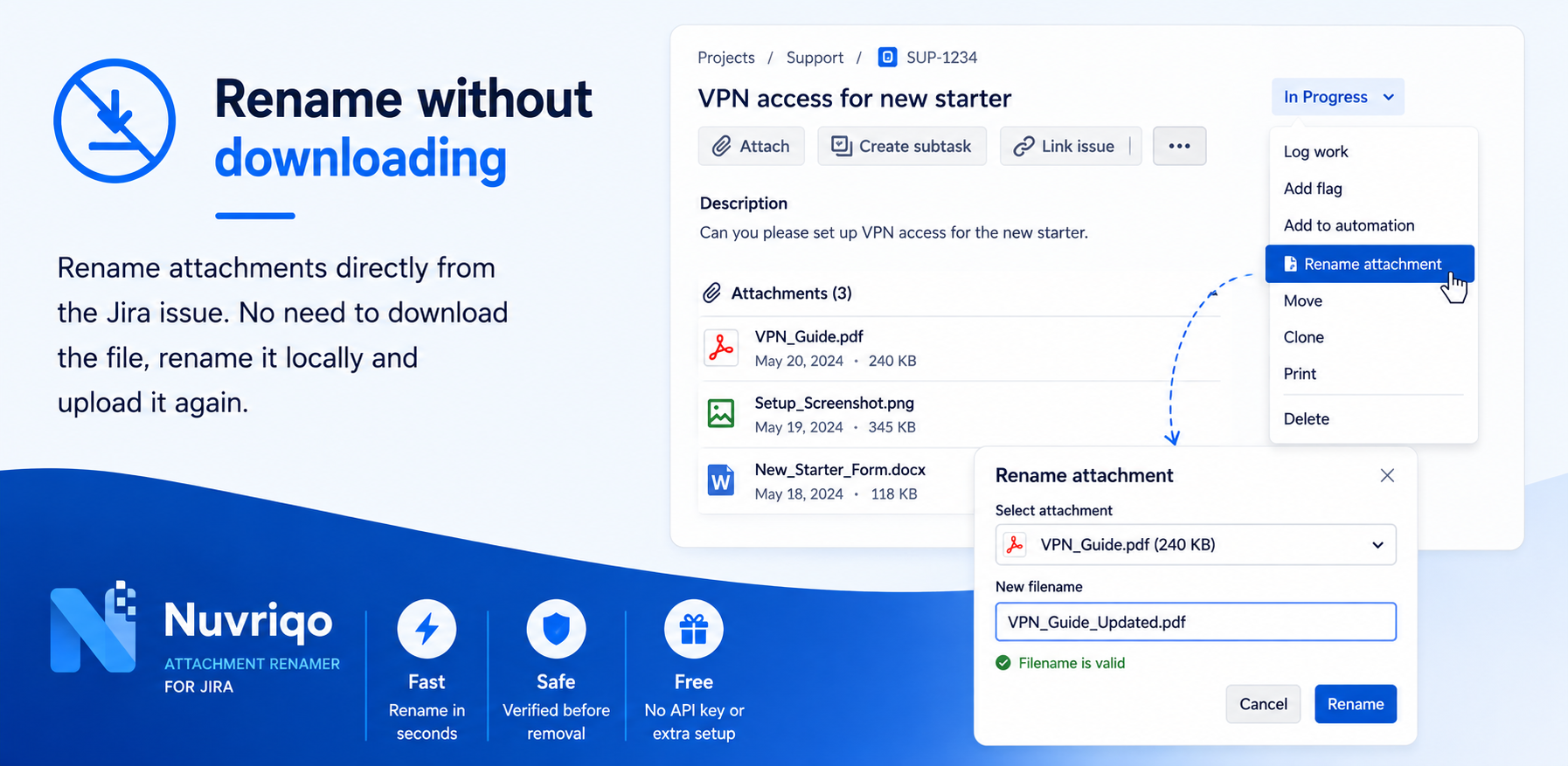 Rename an attachment directly from the Jira issue actions menu