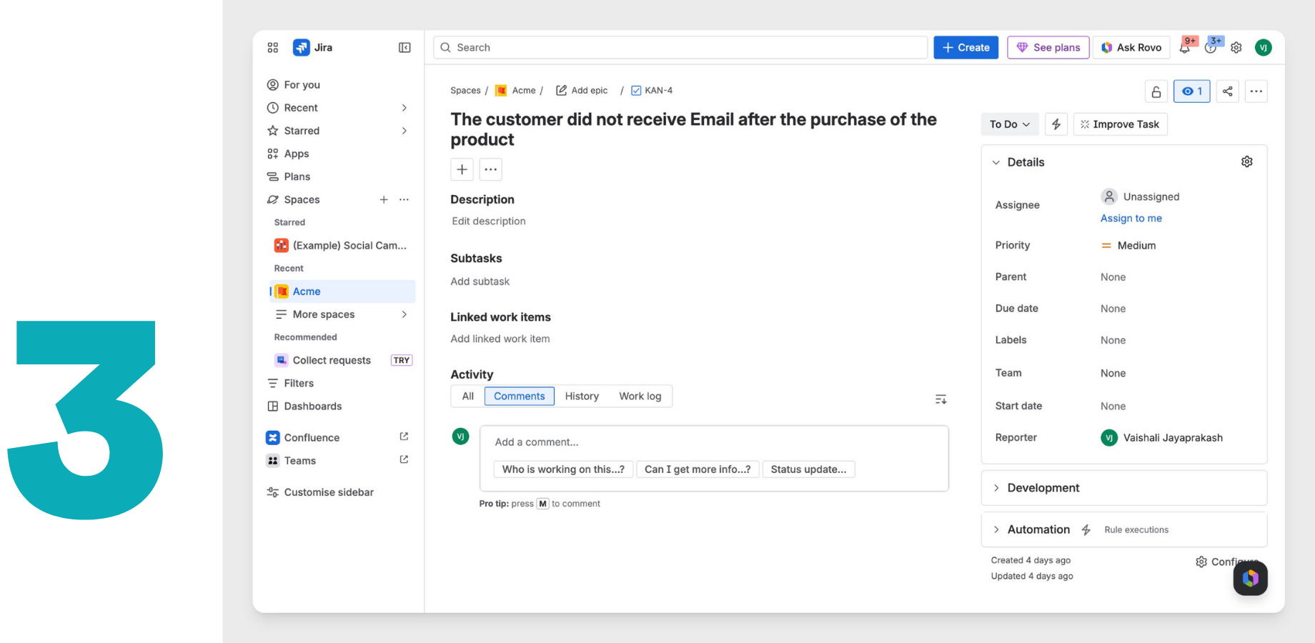 Jira tickets created from SparrowDesk show up in your Jira project with full ticket details