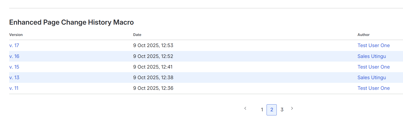 Alternate row coloring can be applied to the page version history table to distinguish each page version.